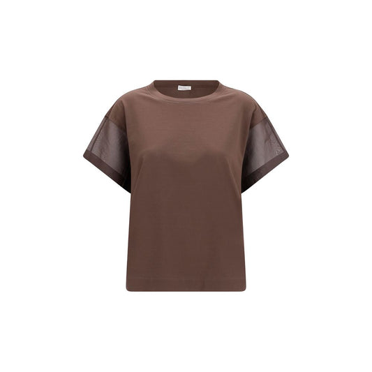 T-Shirt by Brunello Cucinelli for women in cotton brown & transparent features an on trend silhouette, perfectly showcasing a on trend and crew neckline for an elevated aesthetic.