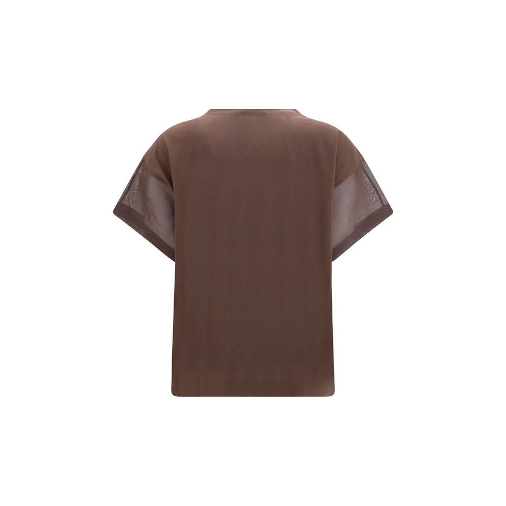 T-Shirt by Brunello Cucinelli for women in cotton brown & transparent showcases a dramatic silhouette, elegantly detailed with a dramatic crew neckline and for a truly dramatic finish.