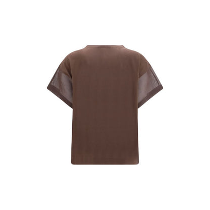 T-Shirt by Brunello Cucinelli for women in cotton brown & transparent showcases a dramatic silhouette, elegantly detailed with a dramatic crew neckline and for a truly dramatic finish.