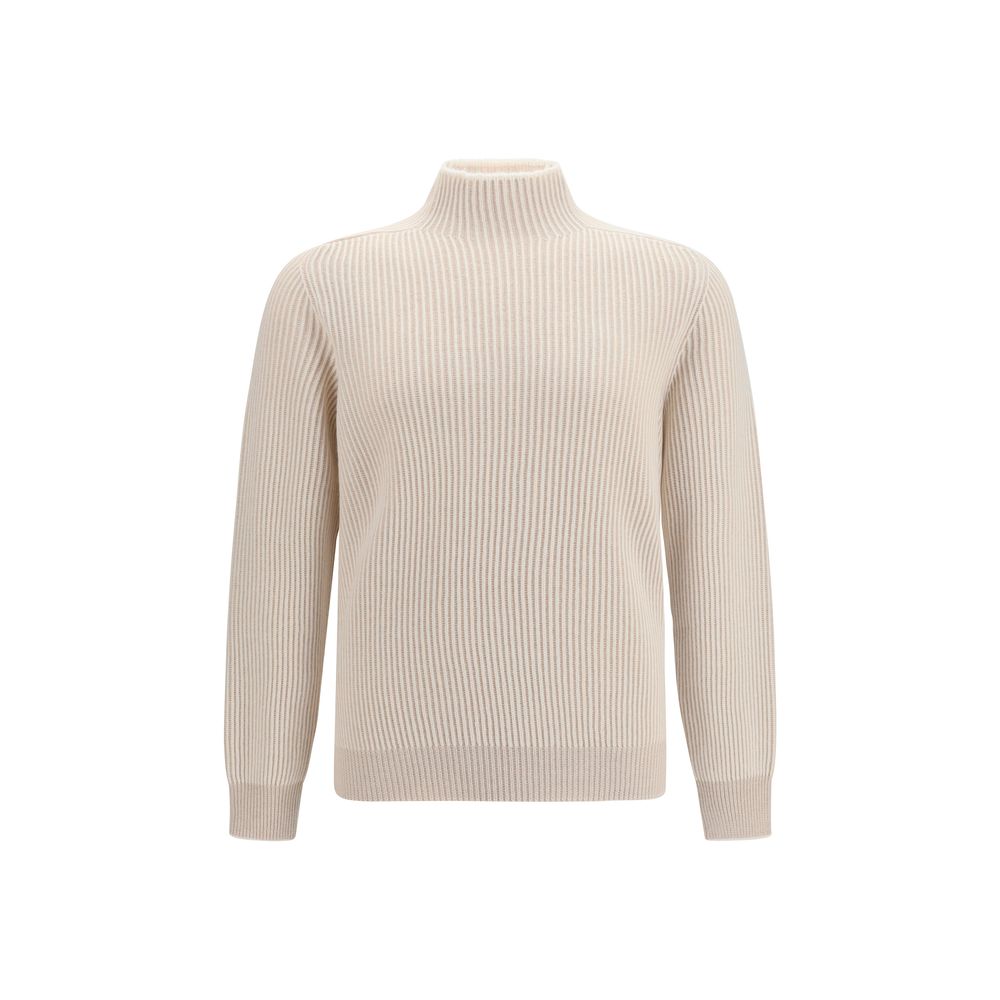 Sweater by Brunello Cucinelli for men in cashmere & capra leather beige showcases an masterful silhouette, artfully detailed with a masterful turtle high-collar neckline and long-sleeve for a sophisticated, premium finish.