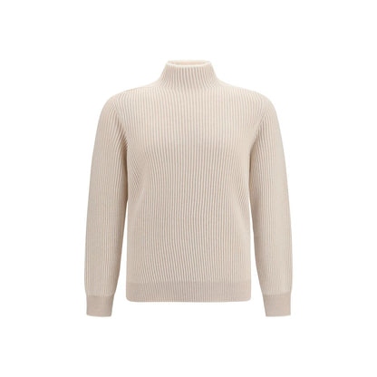 Sweater by Brunello Cucinelli for men in cashmere & capra leather beige showcases an masterful silhouette, artfully detailed with a masterful turtle high-collar neckline and long-sleeve for a sophisticated, premium finish.