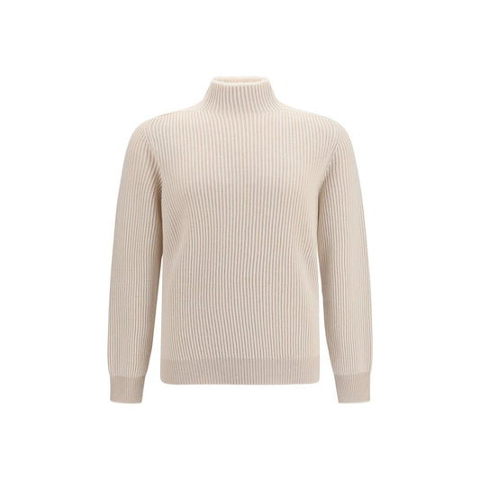 Sweater by Brunello Cucinelli for men in cashmere & capra leather beige showcases an masterful silhouette, artfully detailed with a masterful turtle high-collar neckline and long-sleeve for a sophisticated, premium finish.
