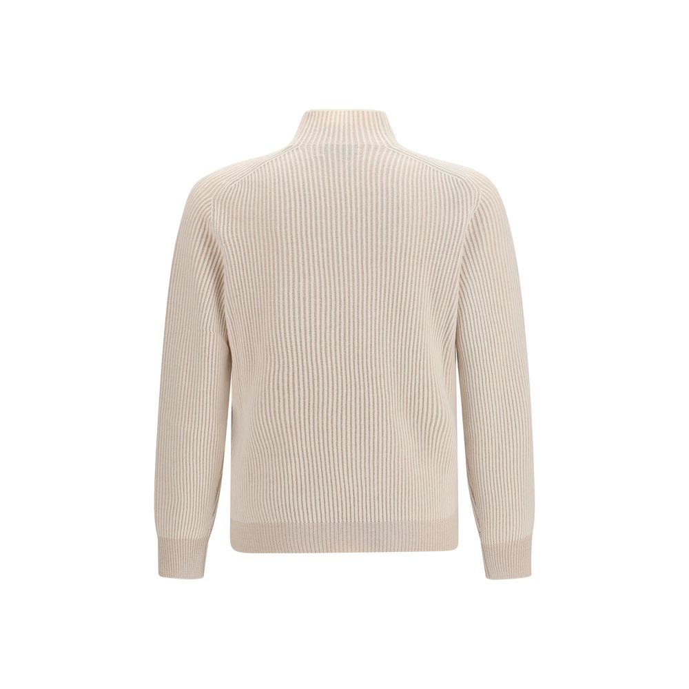 Sweater by Brunello Cucinelli for men in cashmere & capra leather beige features an polished silhouette, showcasing refined and a sophisticated turtle high-collar neckline for a truly polished finish.