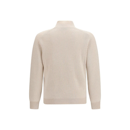Sweater by Brunello Cucinelli for men in cashmere & capra leather beige features an polished silhouette, showcasing refined and a sophisticated turtle high-collar neckline for a truly polished finish.