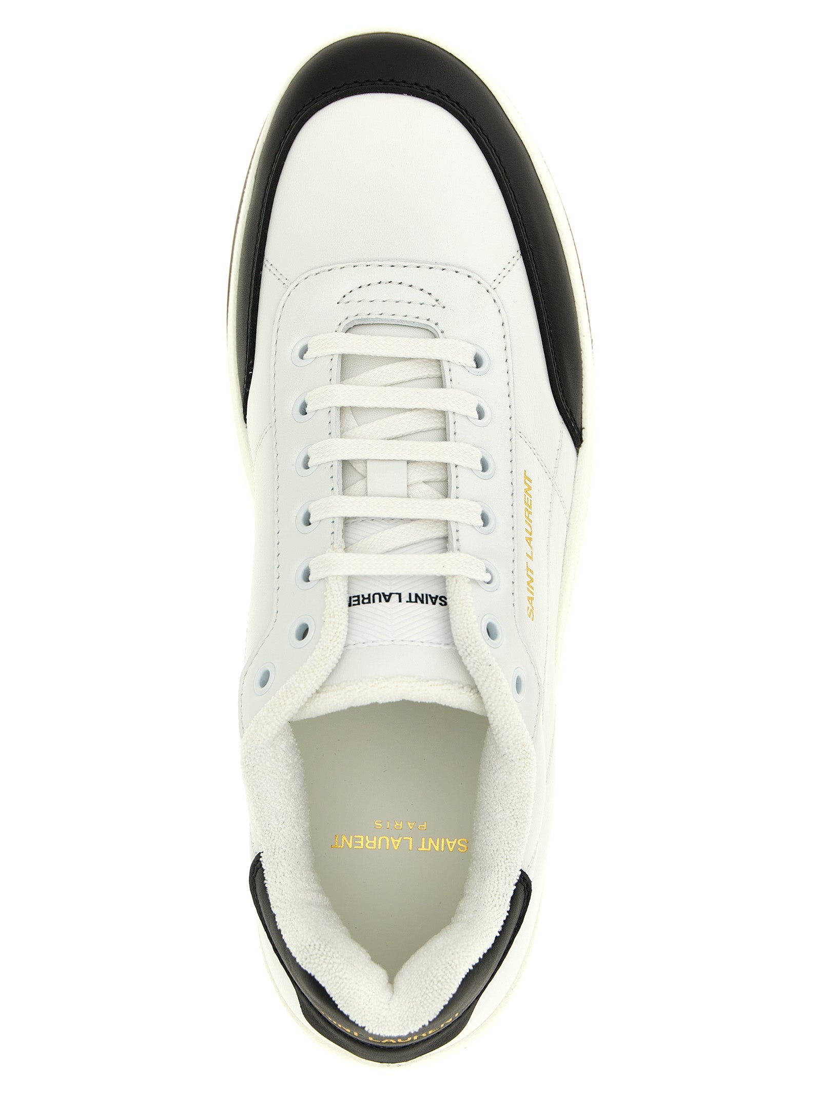 Sneakers by Saint Laurent for men in terrycloth & calfskin leather bicolour, black & white presents a on trend silhouette from the Men's Low Top Terrycloth & Calfskin Leather Sneakers collection, showcasing a on trend low-top style for an elevated aesthetic.