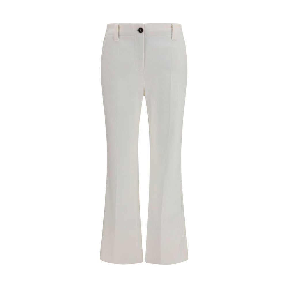 Trousers by Brunello Cucinelli for women in stretch cotton white features an sartorial silhouette, showcasing a precise straight, flared, regular-fit & slim and long with a sartorial mid rise for a refined look.