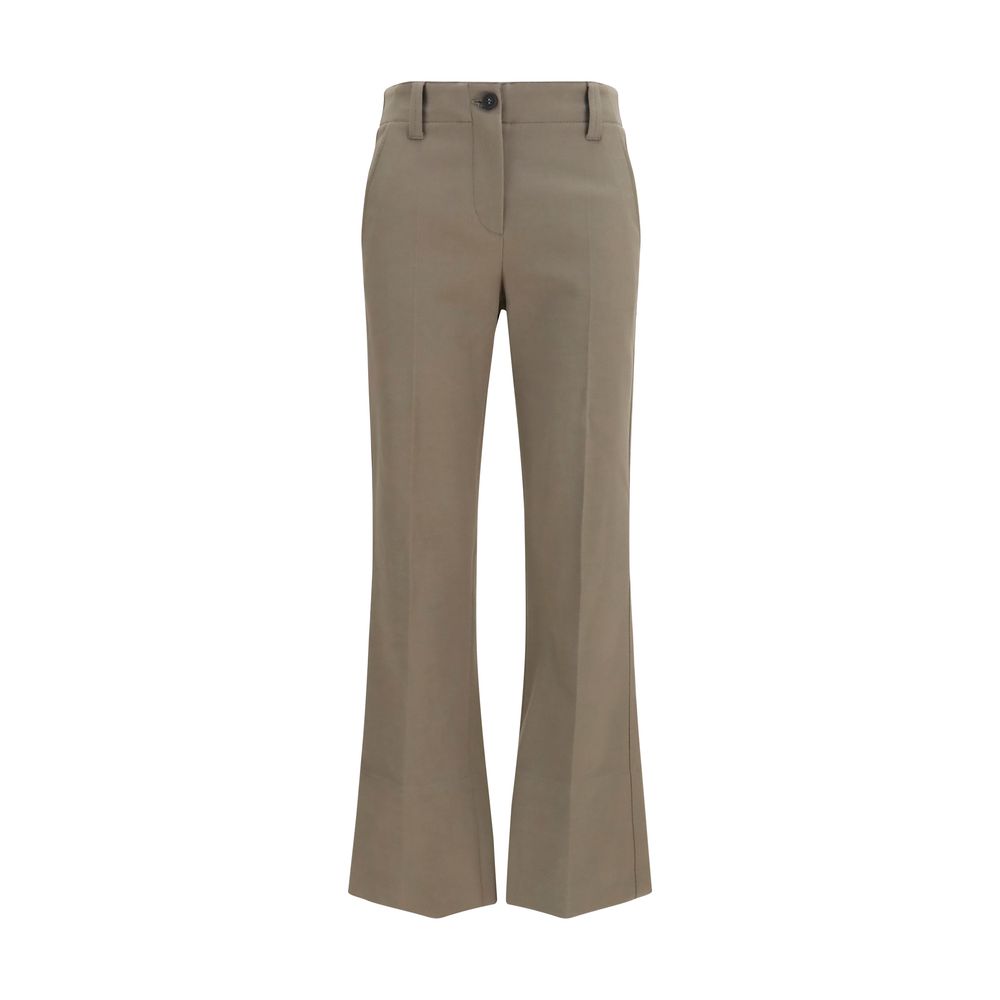 Trousers by Brunello Cucinelli for women in stretch cotton brown features a sculptural silhouette, showcasing a sculptural straight, flared, regular-fit & slim and long with a sophisticated mid rise for a sculptural finish.
