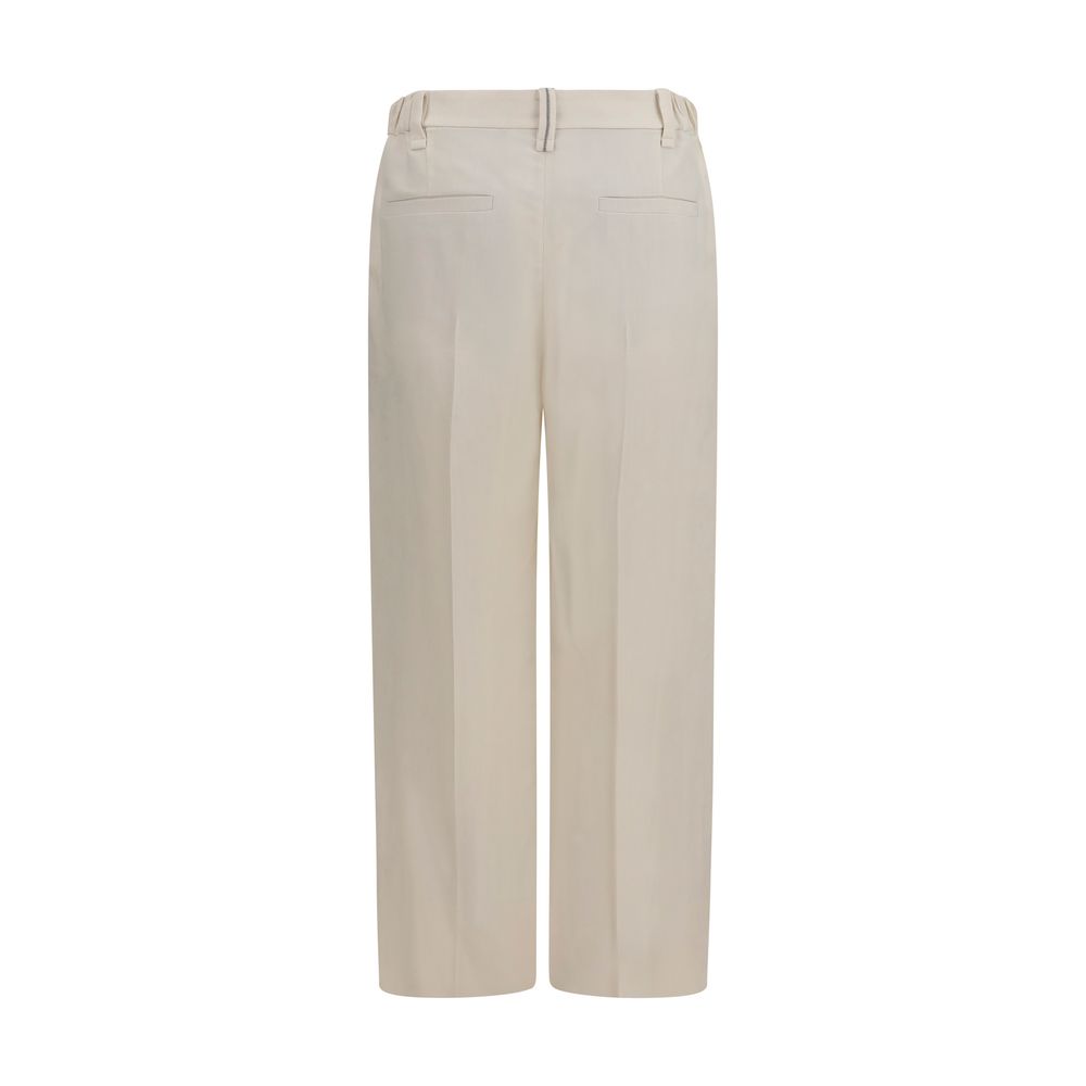 Casual Pants by Brunello Cucinelli for women in viscose linen twill beige & signature features an sartorial flared, regular-fit & cigarette and long with a cut for a sartorial finish.