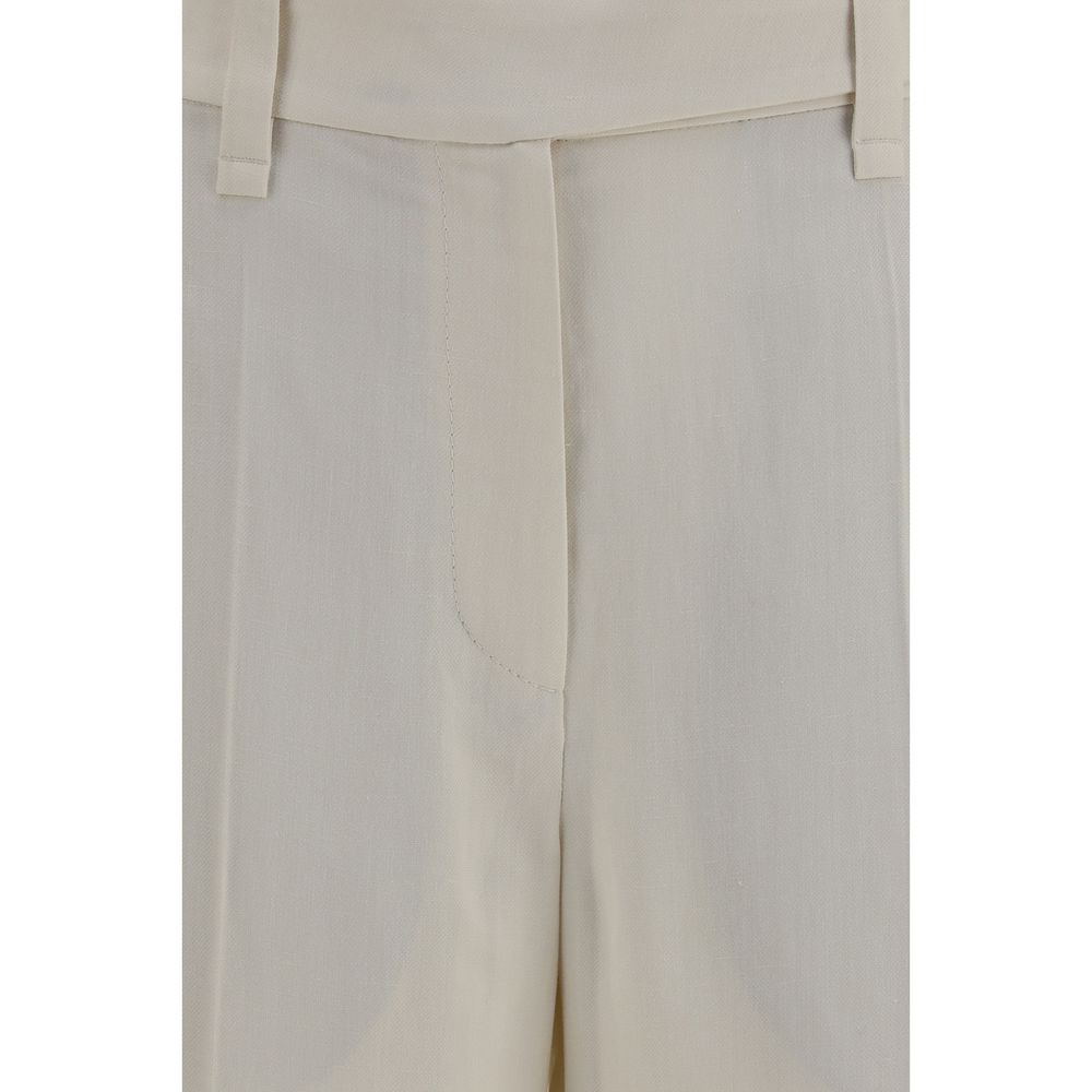 Casual Pants by Brunello Cucinelli for women in viscose linen twill beige & signature presents a refined pantology silhouette, artfully defined by a refined pantology flared, regular-fit & cigarette, long, and a sophisticated .