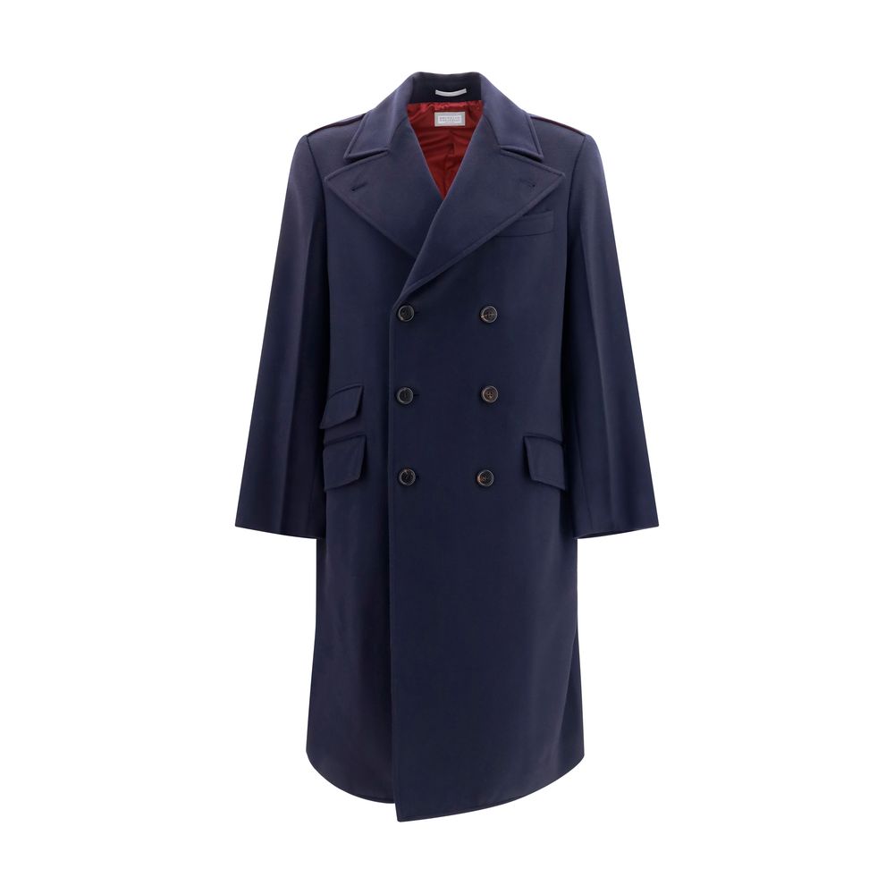 Overcoat by Brunello Cucinelli for men in merino wool blue showcases a enveloping silhouette, detailed with distinctive pockets and a enveloping lapel neckline.