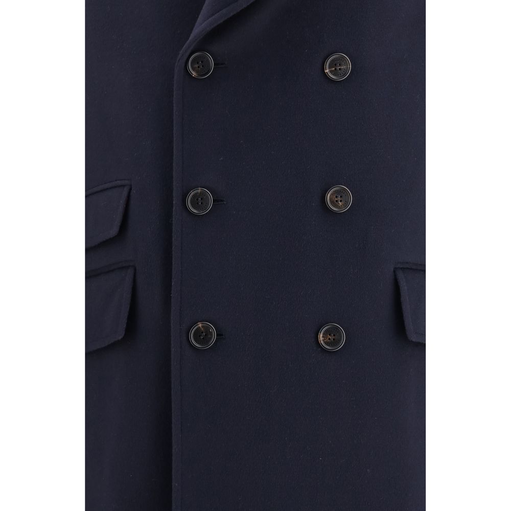 Overcoat by Brunello Cucinelli for men in merino wool blue features an satoral silhouette, showcasing a sophisticated lapel neckline and satoral pockets for a premium, timeless look.
