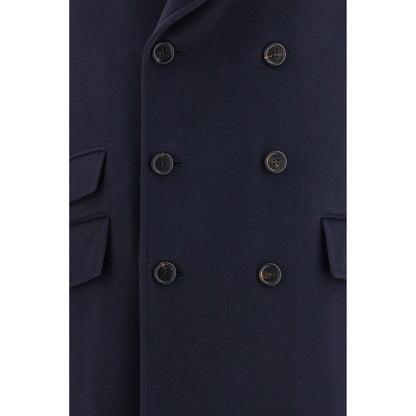 Overcoat by Brunello Cucinelli for men in merino wool blue features an satoral silhouette, showcasing a sophisticated lapel neckline and satoral pockets for a premium, timeless look.