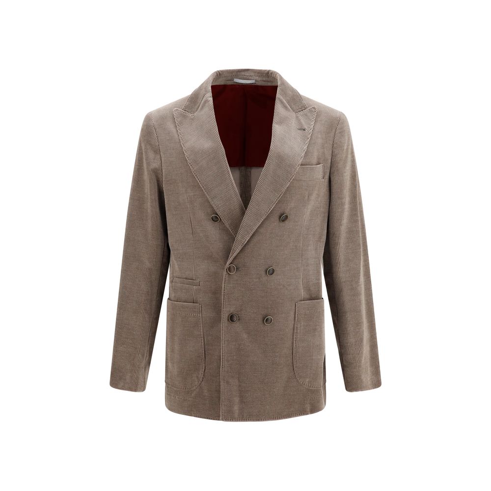 Overcoat by Brunello Cucinelli for men in capra leather & cotton corduroy gray presents a luxurious silhouette, showcasing a luxurious v-neck neckline and sophisticated pockets for a premium, luxurious look.