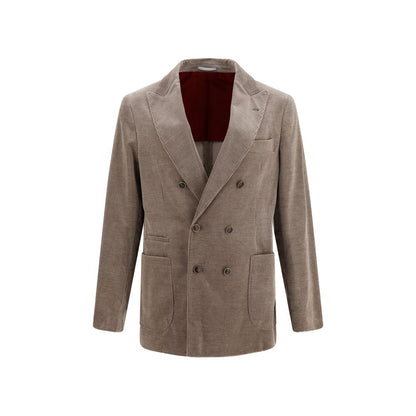 Overcoat by Brunello Cucinelli for men in capra leather & cotton corduroy gray presents a luxurious silhouette, showcasing a luxurious v-neck neckline and sophisticated pockets for a premium, luxurious look.