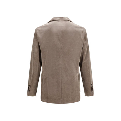 Overcoat by Brunello Cucinelli for men in capra leather & cotton corduroy gray features an voluminous silhouette, showcasing distinct pockets and a voluminous v-neck neckline for a truly voluminous aesthetic.