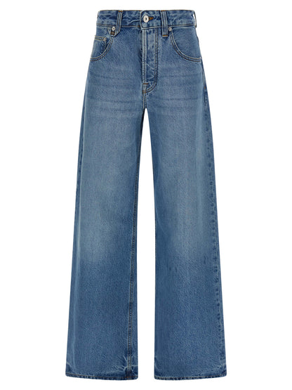 Jeans by Jacquemus for women in denim cotton light-blue & print presents a tailored silhouette, showcasing a tailored straight-leg & wide and long cut with a refined mid rise for a truly tailored aesthetic.
