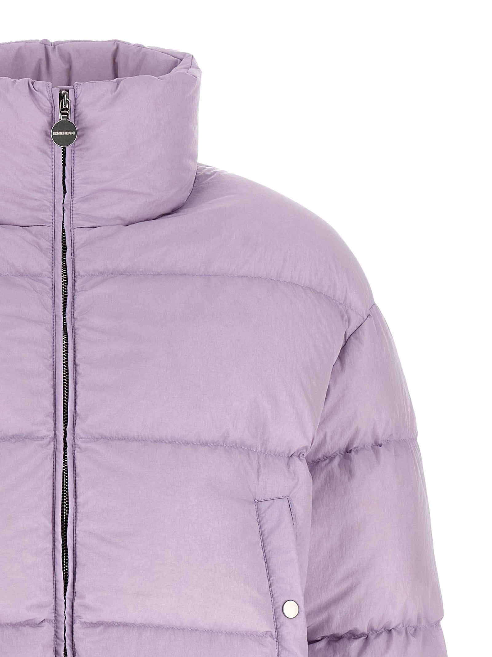 Overcoat by IENKI IENKI for women in nylon & goose-down purple features an voluminous silhouette, showcasing distinct insulated and a voluminous for a truly voluminous aesthetic.