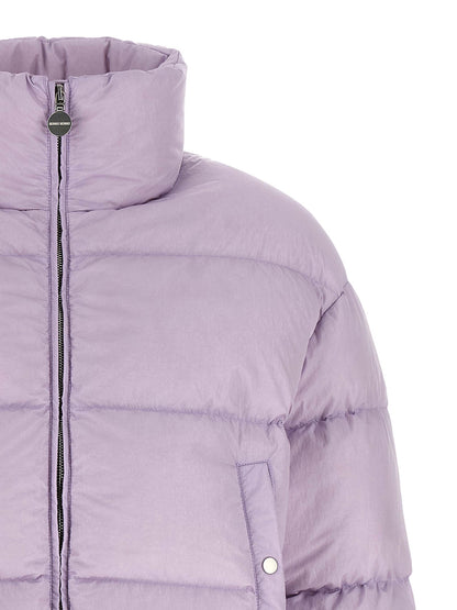 Overcoat by IENKI IENKI for women in nylon & goose-down purple features an voluminous silhouette, showcasing distinct insulated and a voluminous for a truly voluminous aesthetic.