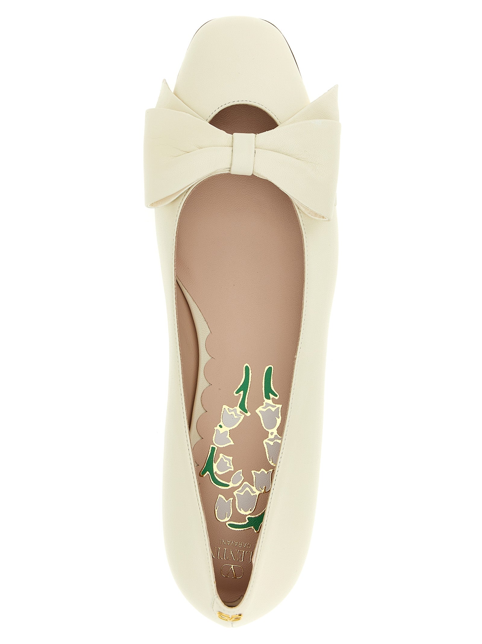 Ballet Flat Shoes by Valentino Garavani for women in leather white & signature presents a effortless chic silhouette, showcasing the V Logo Women's Leather Ballet Flat Shoes design with a effortless chic and square toe style for a sophisticated look.