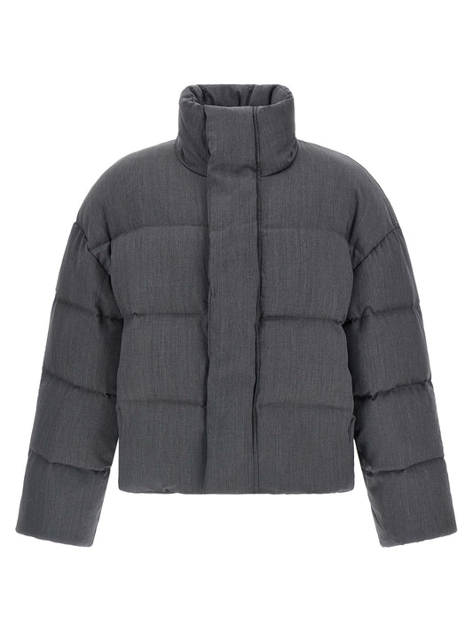 This Puffer Jacket by Entire Studios for men in wool & feathers gray exhibits a edgy silhouette, meticulously detailed with functional windproof & insulated and a edgy for a edgy finish.