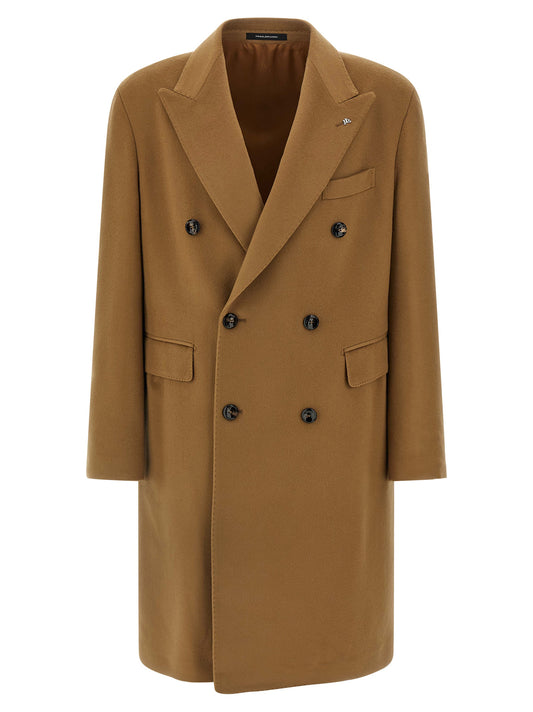 Trench Coat by Tagliatore for men in virgin wool beige presents an sculptural silhouette, artfully detailed with a sculptural split double-breasted neckline and functional pockets for a truly sculptural finish.