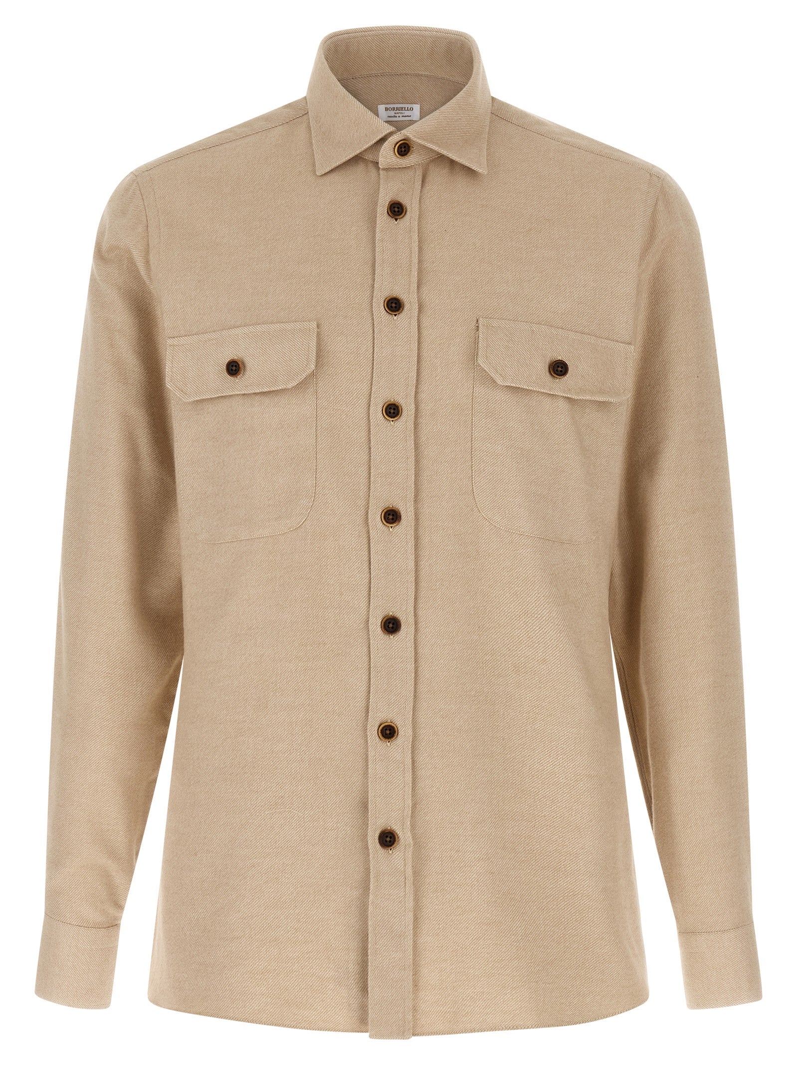 Shirt by BORRIELLO for men in cotton flannel beige presents a discerning silhouette, showcasing a sophisticated and long-sleeve for a truly discerning finish.