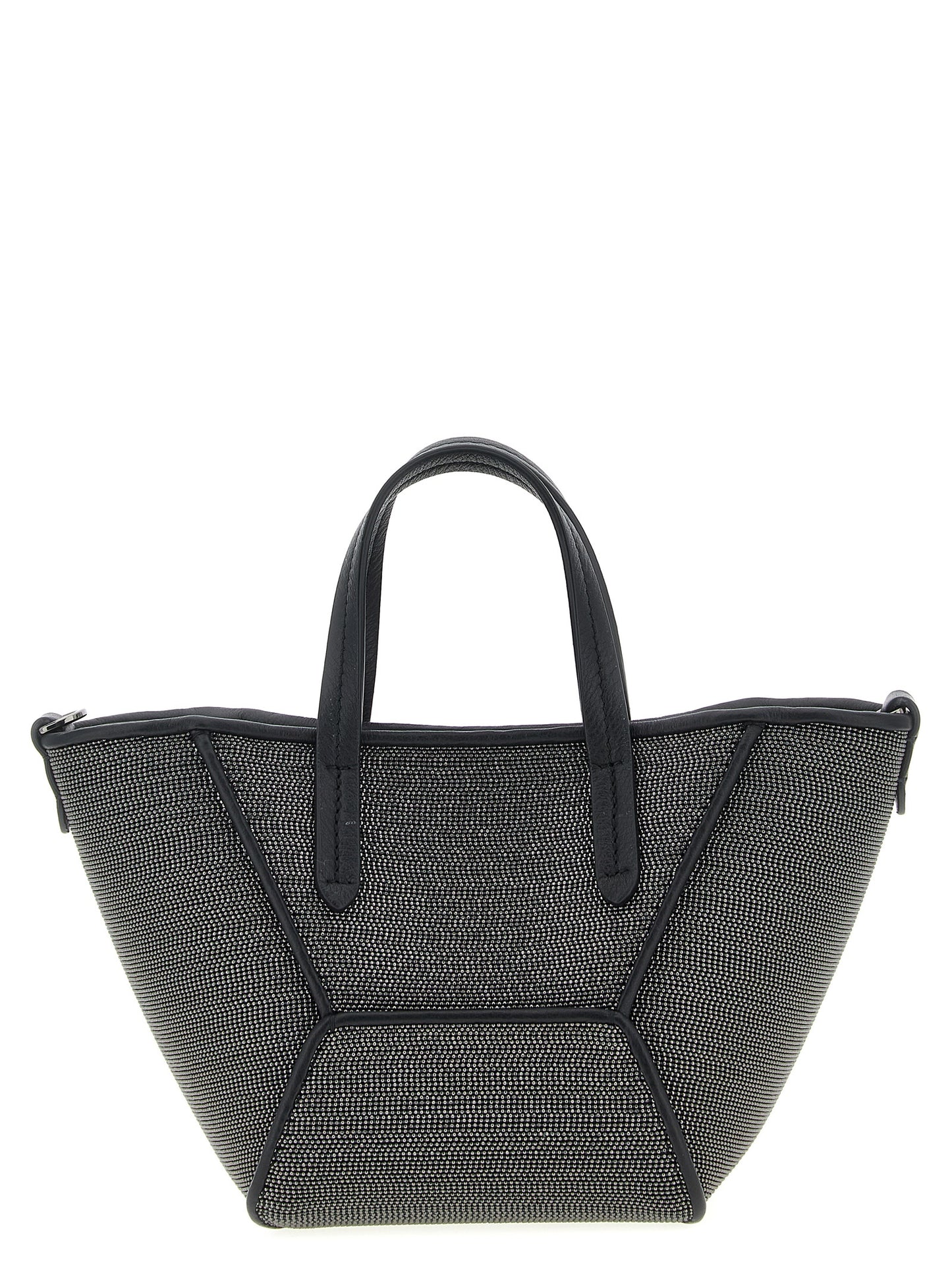 Mini Crossbody Handbag by Brunello Cucinelli for women in lambskin leather black & signature features an refined silhouette, showcasing a secure magnetic, ample , and versatile crossbody-strap, shoulder-strap, adjustable-strap & handle for a sophisticated refined aesthetic.