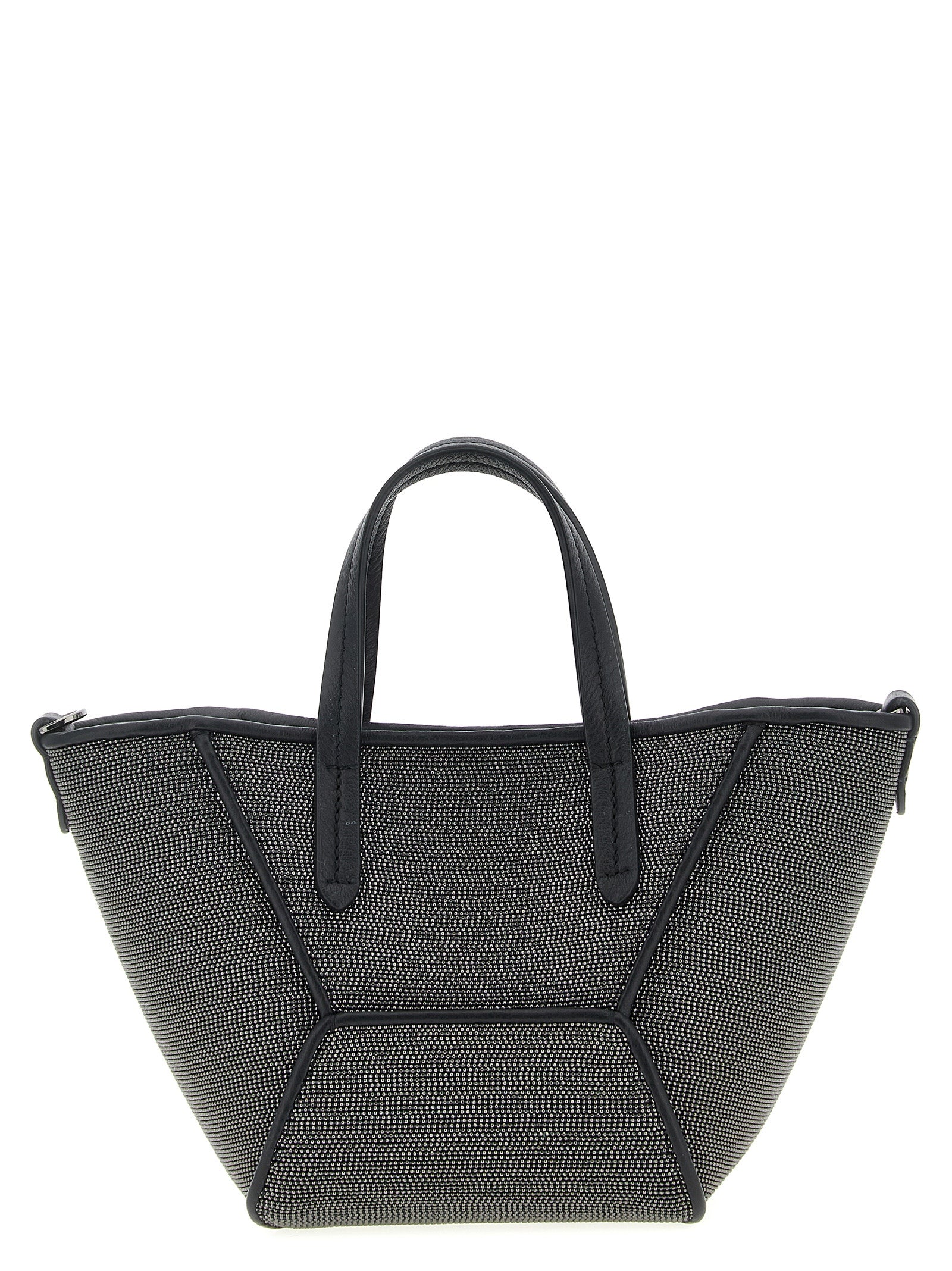 Mini Crossbody Handbag by Brunello Cucinelli for women in lambskin leather black & signature features an refined silhouette, showcasing a secure magnetic, ample , and versatile crossbody-strap, shoulder-strap, adjustable-strap & handle for a sophisticated refined aesthetic.