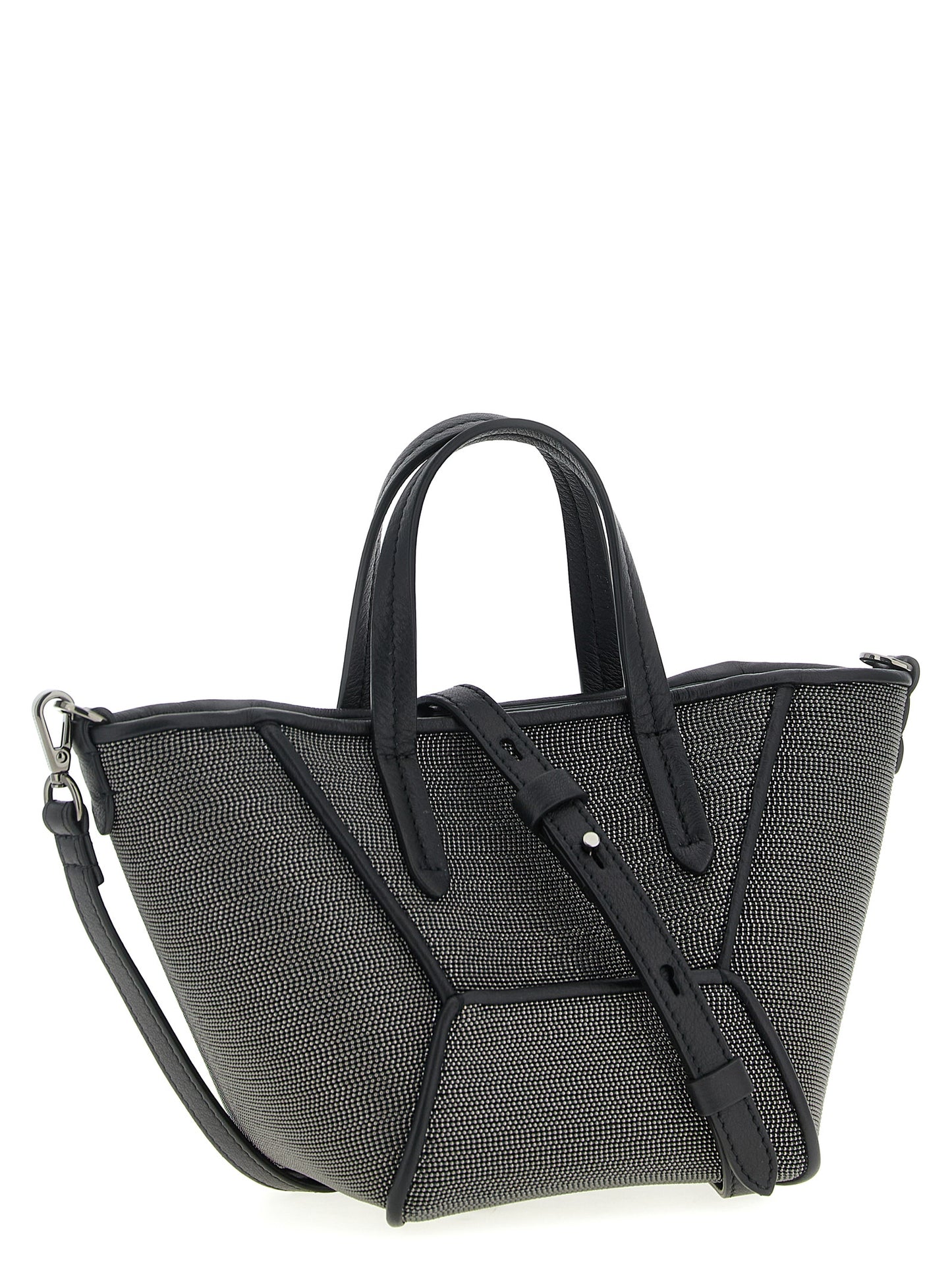 Mini Crossbody Handbag by Brunello Cucinelli for women in lambskin leather black & signature presents a ornamental silhouette, showcasing a secure magnetic, ample , and versatile crossbody-strap, shoulder-strap, adjustable-strap & handle for a ornamental finish.
