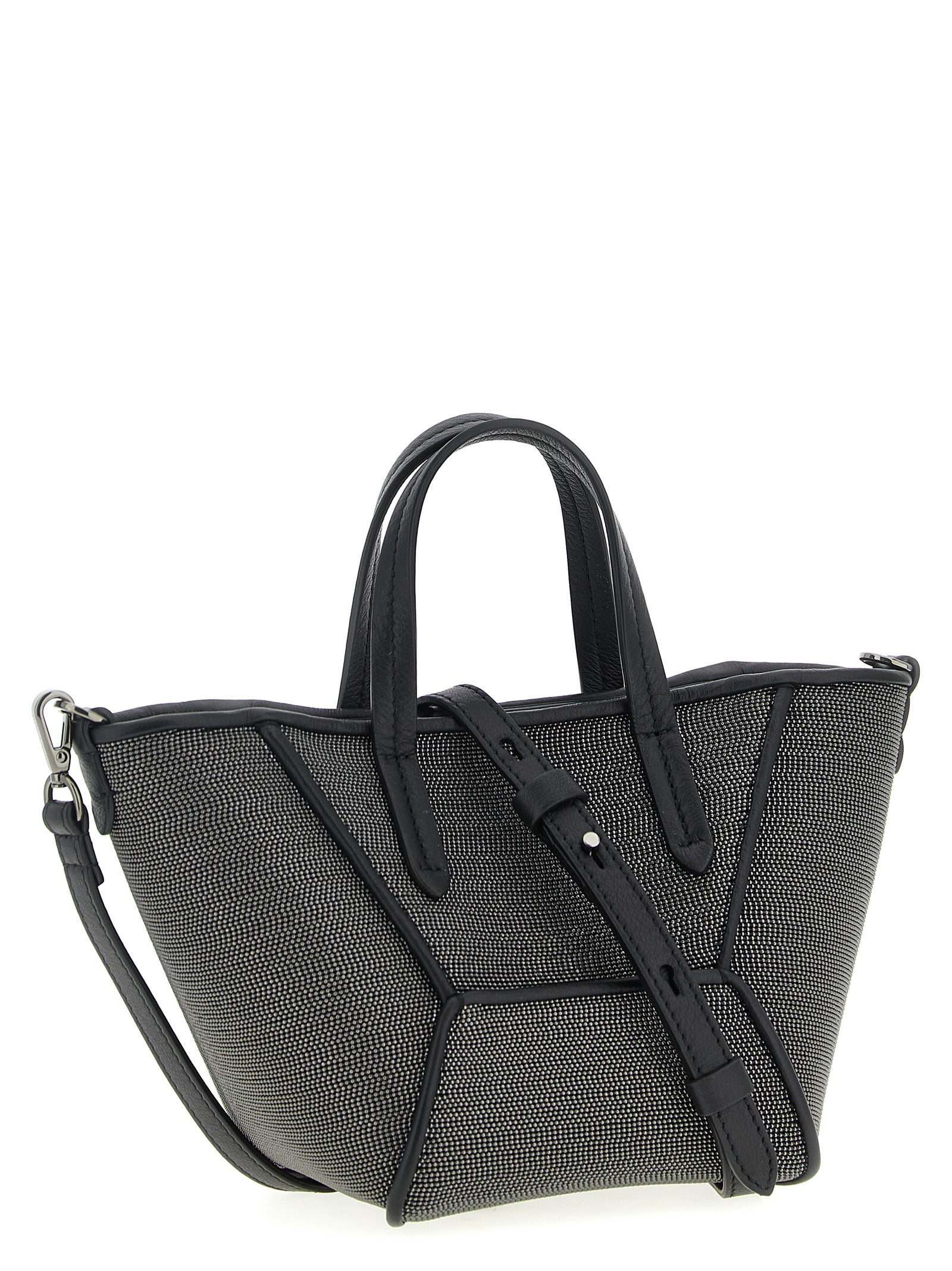 Mini Crossbody Handbag by Brunello Cucinelli for women in lambskin leather black & signature presents a ornamental silhouette, showcasing a secure magnetic, ample , and versatile crossbody-strap, shoulder-strap, adjustable-strap & handle for a ornamental finish.