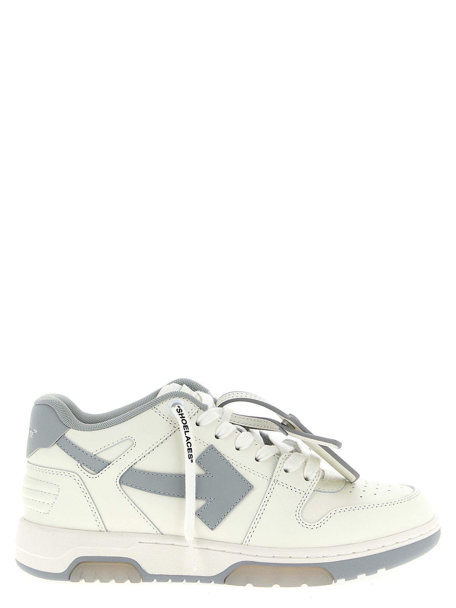 Sneakers by Off-White for men in leather & rubber gray & white presents a sumptuous silhouette, artfully capturing the essence of the Explorer Men's Low Top Leather & Rubber Sneakers with its sumptuous low-top style design.