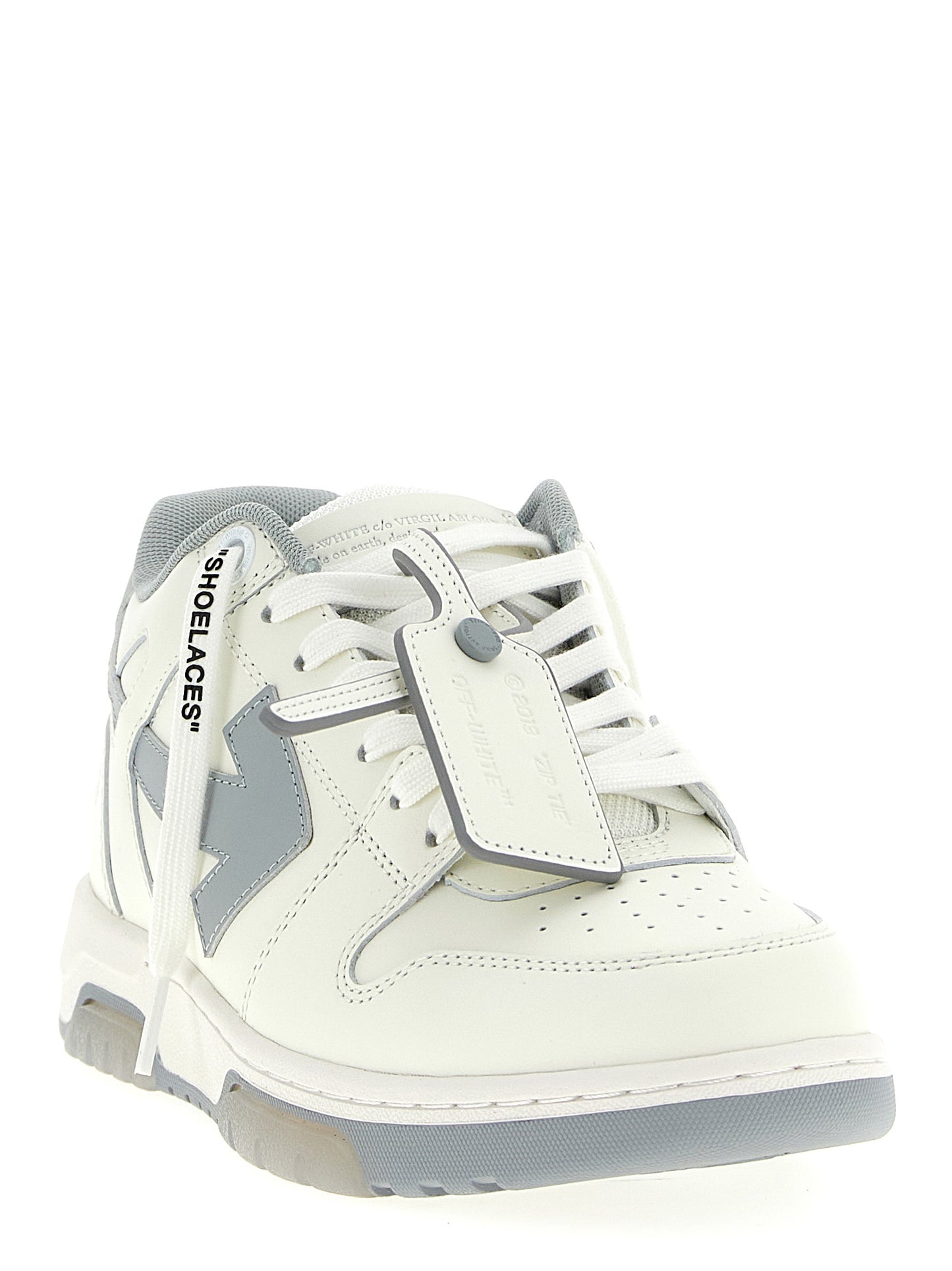 Sneakers by Off-White for men in leather & rubber gray & white features a chic design, perfectly showcasing the chic low-top style of this Explorer Men's Low Top Leather & Rubber Sneakers.