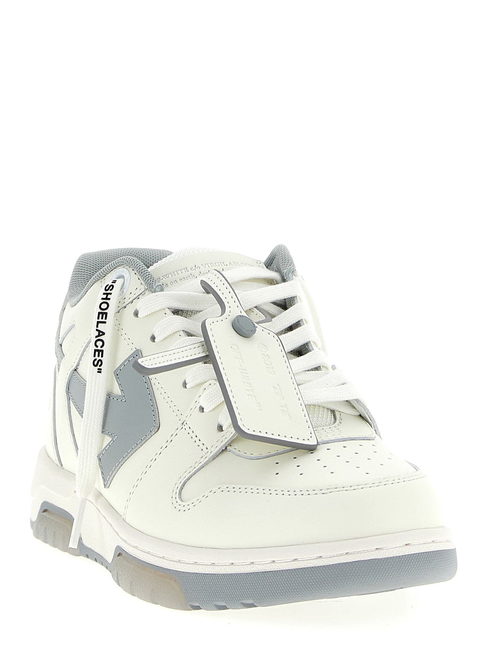 Sneakers by Off-White for men in leather & rubber gray & white features a chic design, perfectly showcasing the chic low-top style of this Explorer Men's Low Top Leather & Rubber Sneakers.