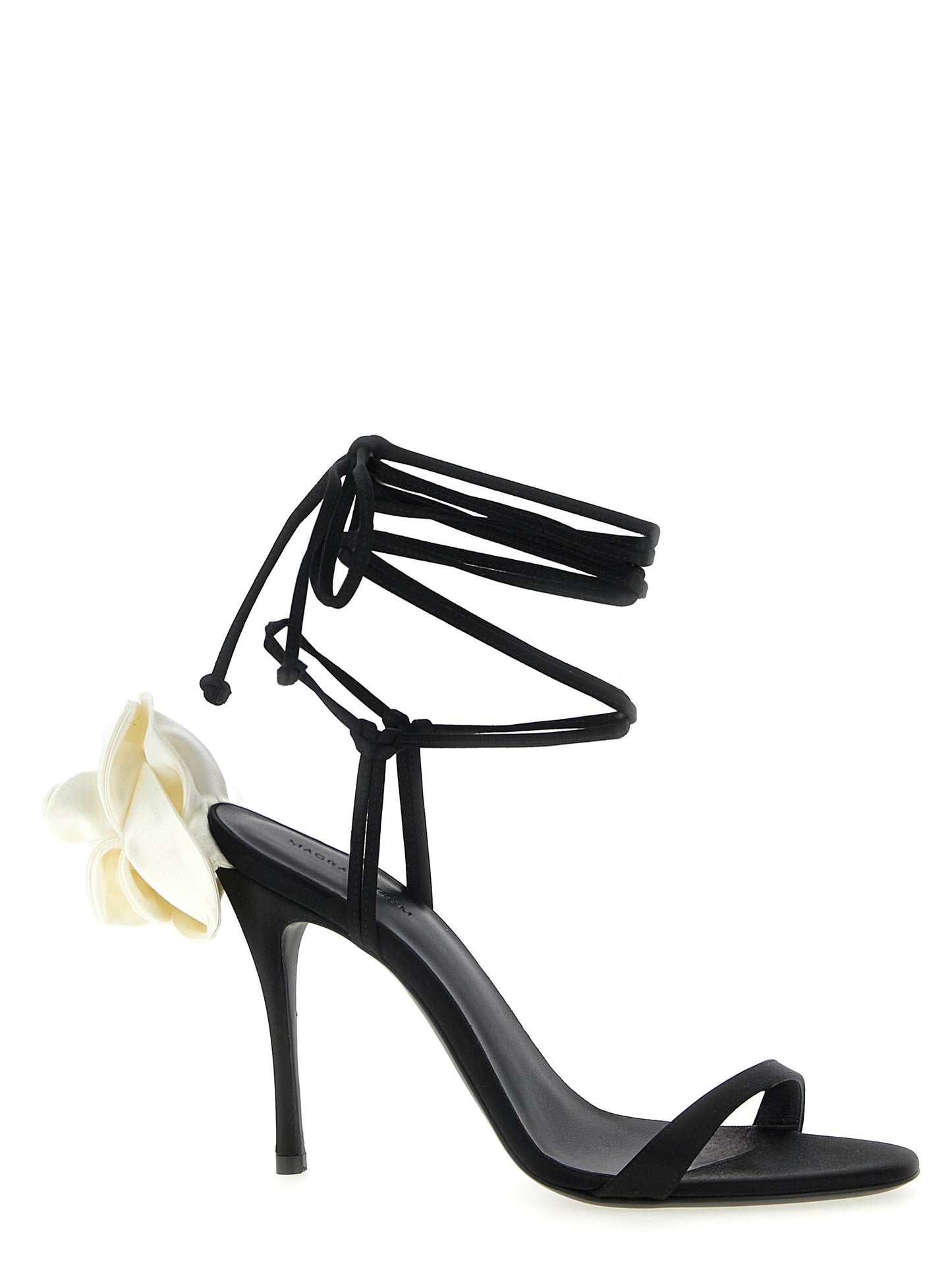 Stiletto Sandals by Magda Butrym for women in viscose silk satin & leather and bicolour, black & white presents a captivating silhouette, showcasing the signature style of the Women's Viscose Silk Satin & Leather Stiletto Sandals with a captivating stiletto and captivating .