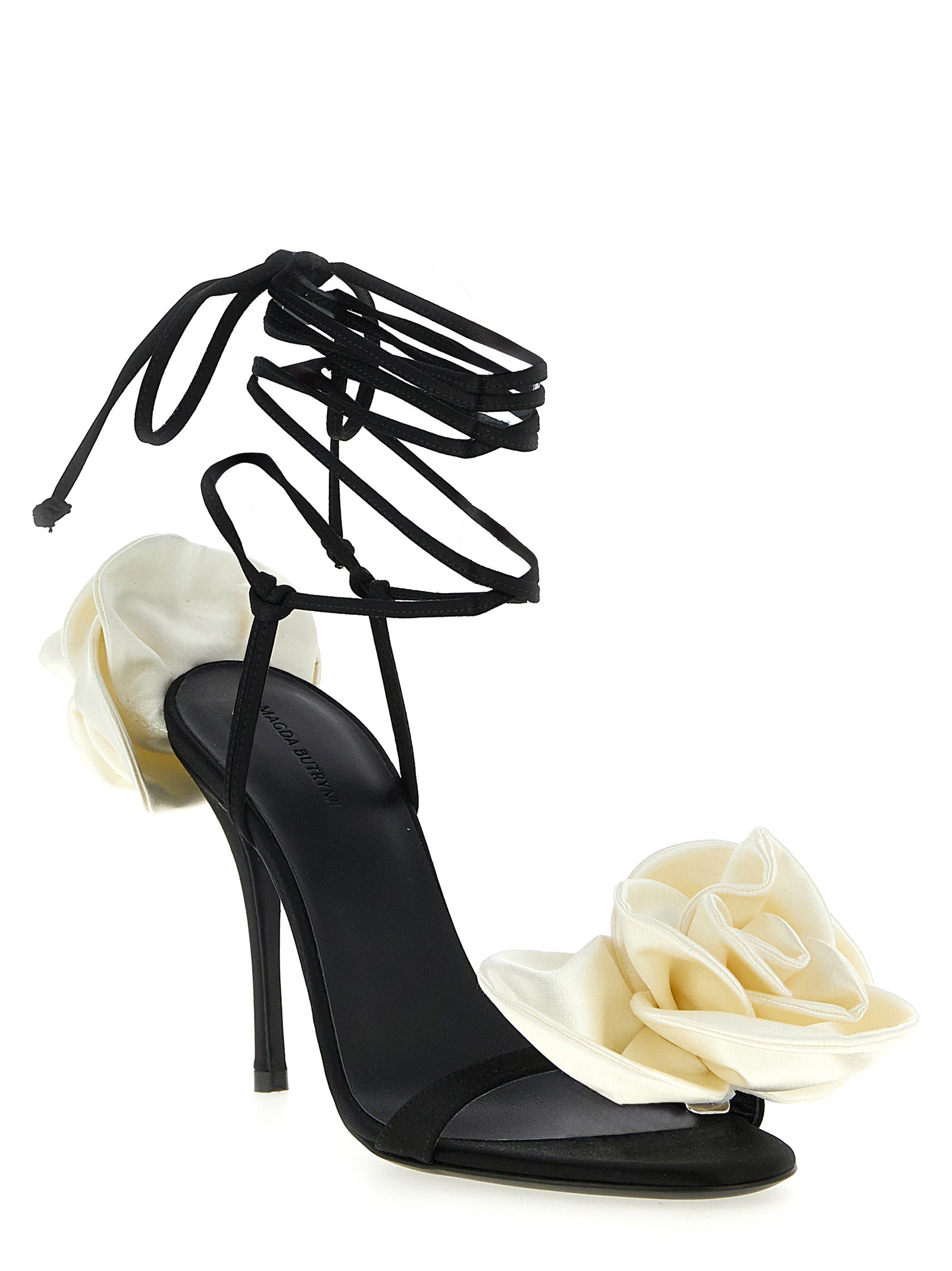 Stiletto Sandals by Magda Butrym for women in viscose silk satin & leather bicolour, black & white presents a sculptural silhouette, showcasing the Women's Viscose Silk Satin & Leather Stiletto Sandals design with a sculptural stiletto and for a premium look.