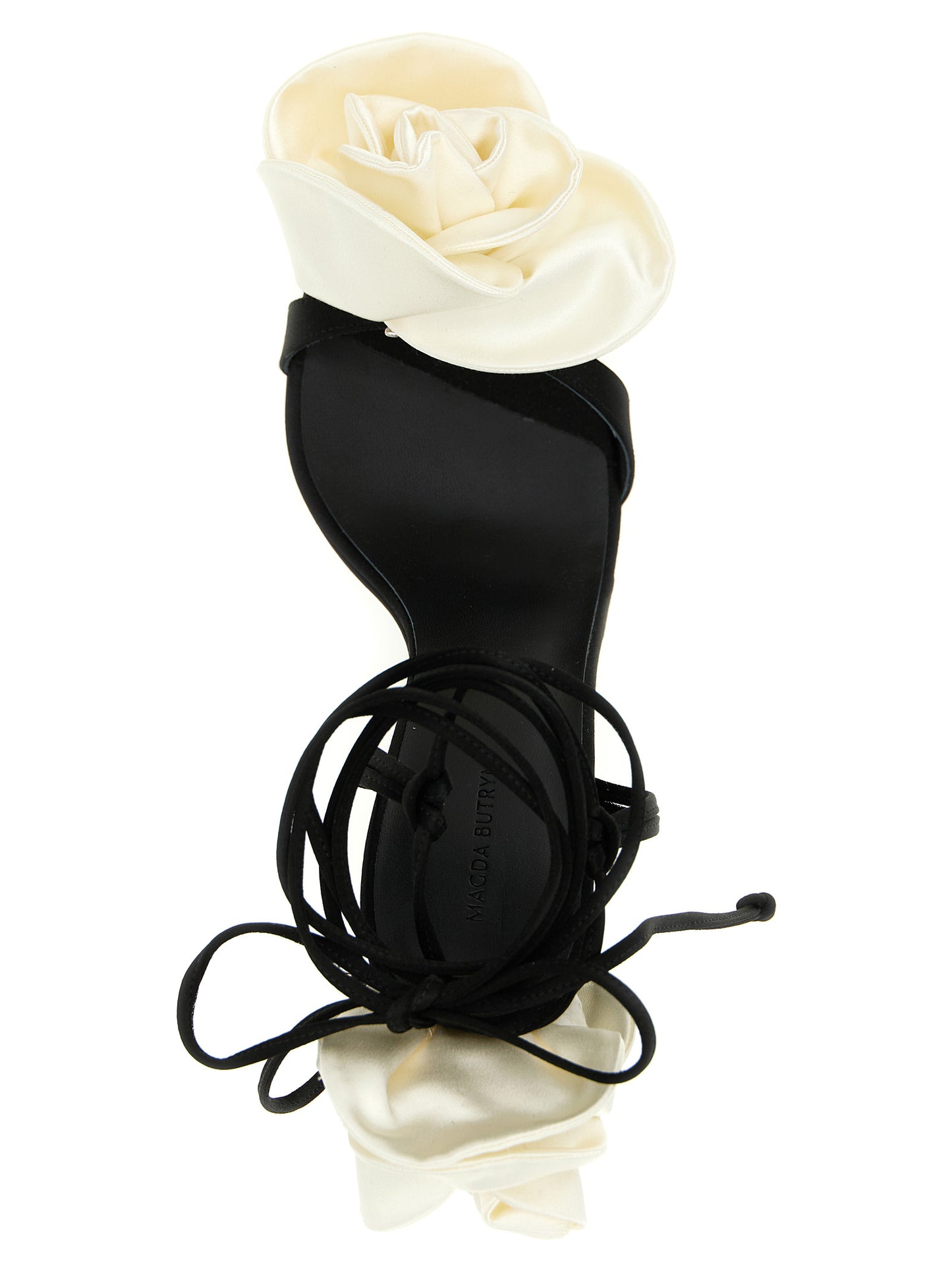 Stiletto Sandals by Magda Butrym for women in viscose silk satin & leather bicolour, black & white showcases a sculptural silhouette as Women's Viscose Silk Satin & Leather Stiletto Sandals, defined by a sculptural stiletto and sculptural for a sculptural look.