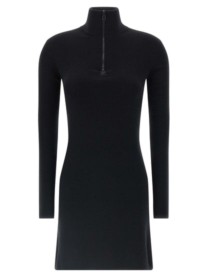 Dress by Courrèges for women in merino wool black showcases a striking silhouette, elegantly detailed with a long-sleeve, refined , and a striking short mini for a striking finish.