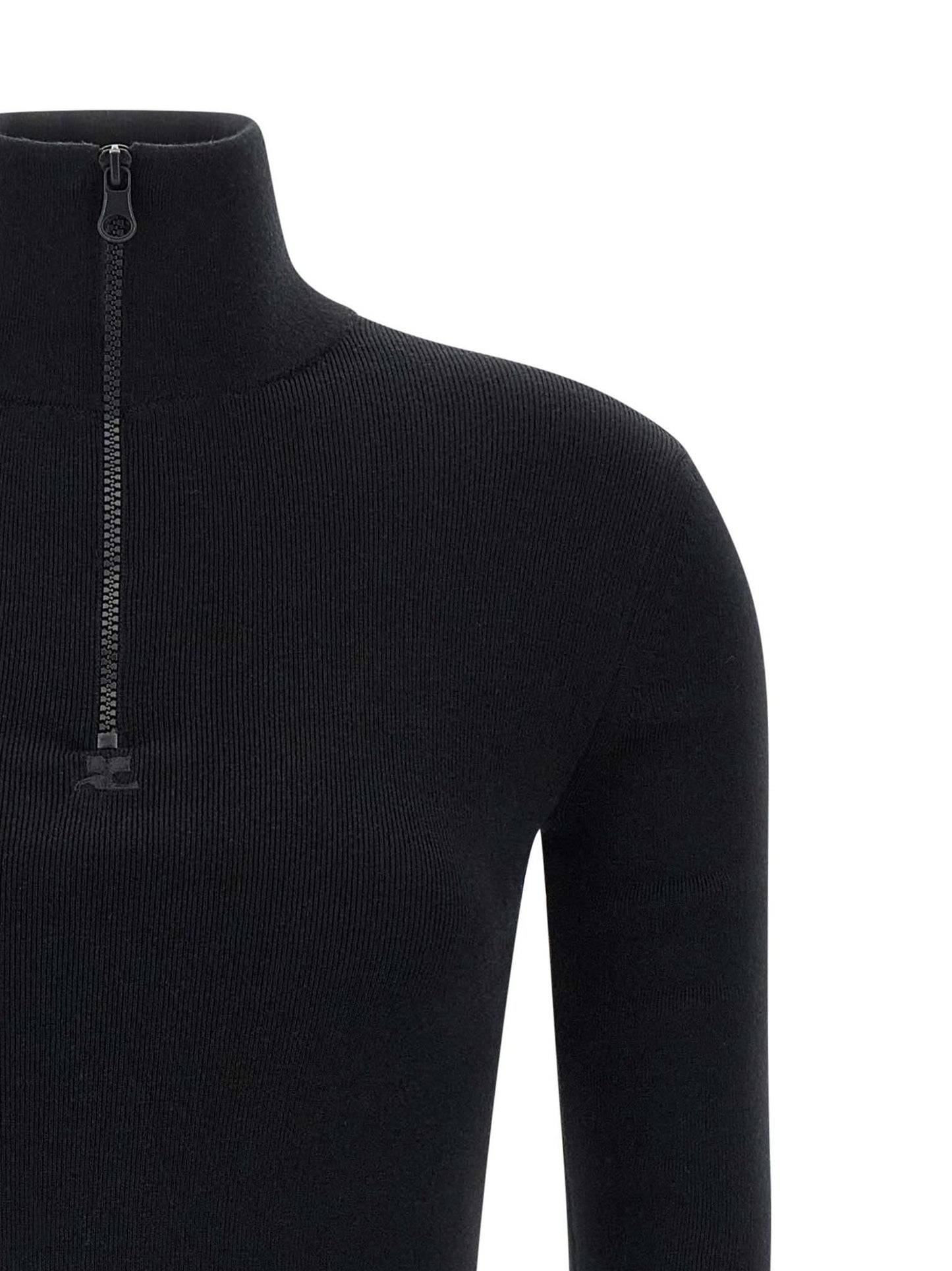 Dress by Courrèges for women in merino wool black features an eye catching silhouette with a sophisticated , elegant , and a refined short mini for a eye catching aesthetic.