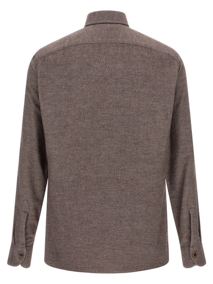 Shirt by BORRIELLO for men in cotton flannel brown, patterned & striped showcases a sharp silhouette, elegantly detailed with a sharp and sharp .