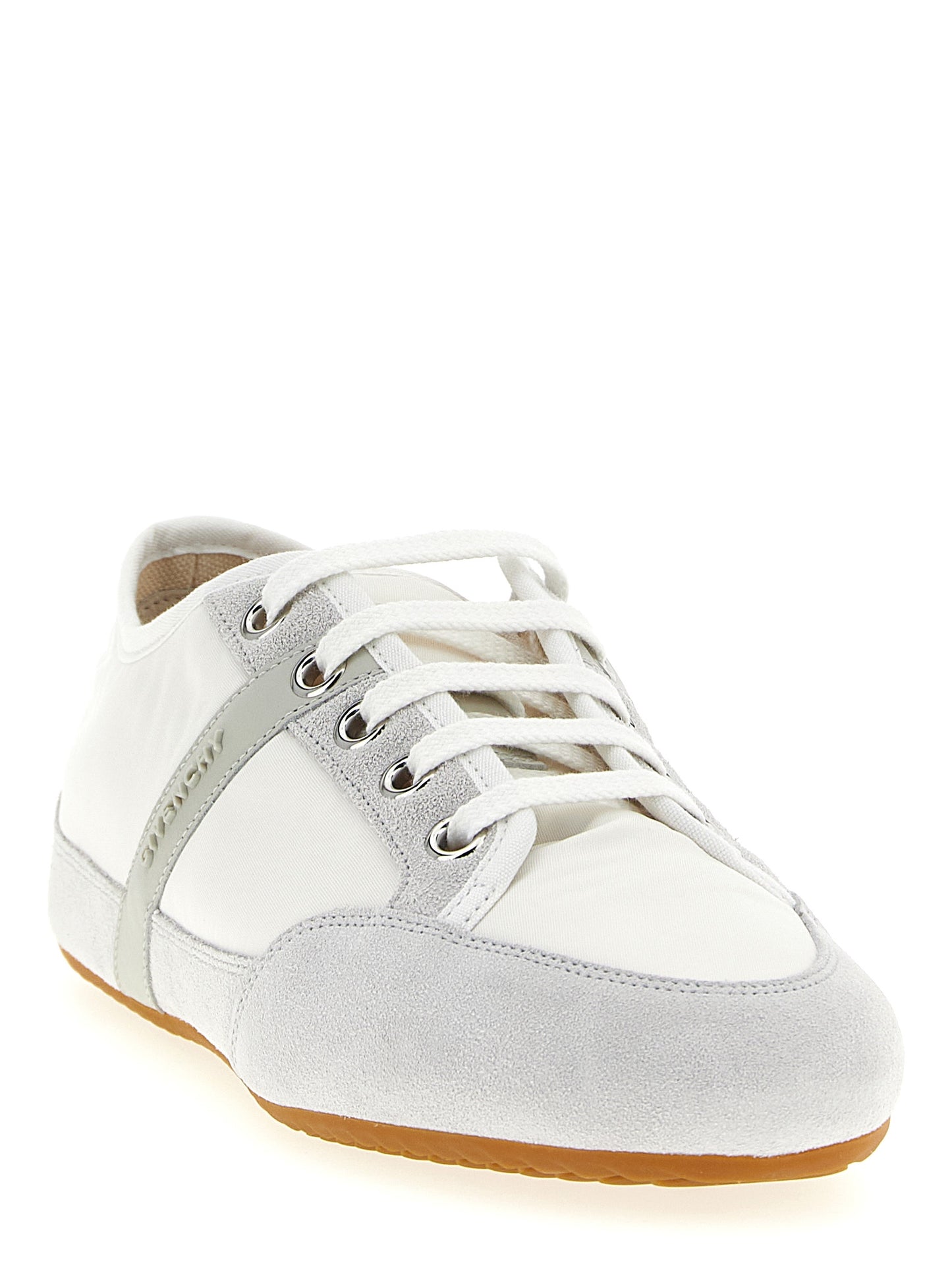 Sneakers by Givenchy for men in nylon polyamide suede leather white features a chic design, perfectly showcasing the chic low-top style of this Men's Low Top Nylon Polyamide Suede Leather Sneakers.