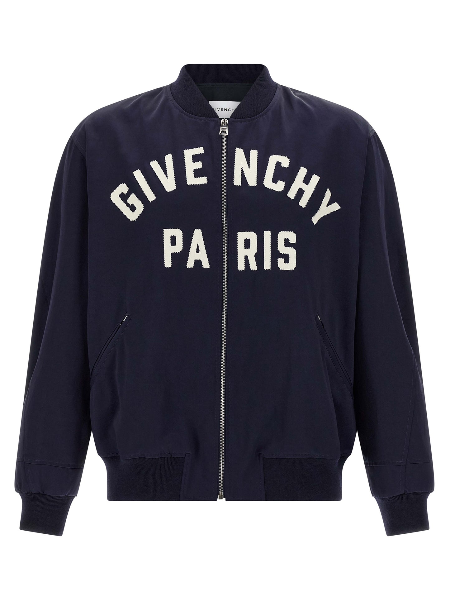 This Bomber Jacket by Givenchy for men in acetate & cotton satin blue exhibits a edgy silhouette, meticulously detailed with functional and a edgy for a edgy finish.