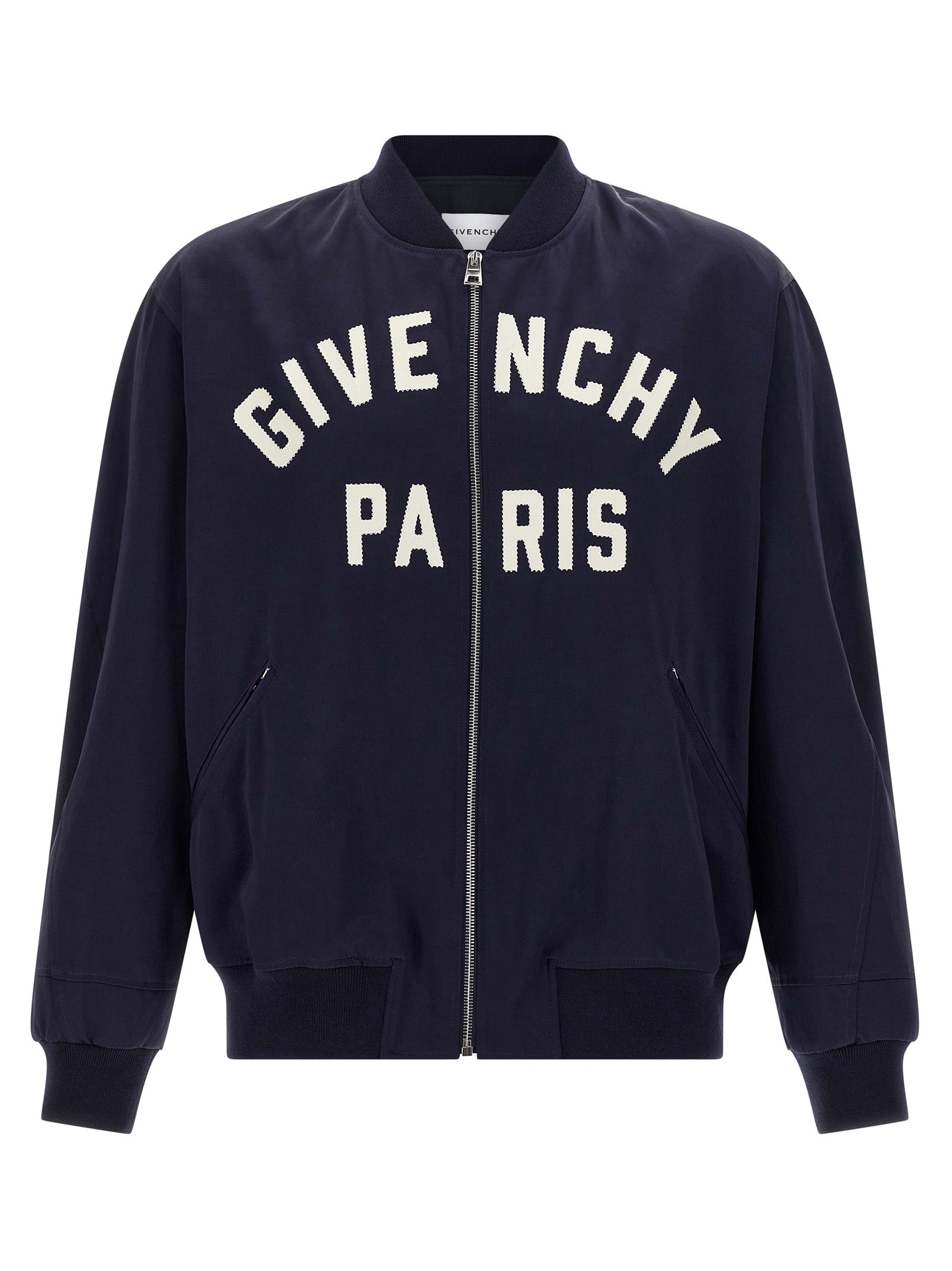 This Bomber Jacket by Givenchy for men in acetate & cotton satin blue exhibits a edgy silhouette, meticulously detailed with functional and a edgy for a edgy finish.