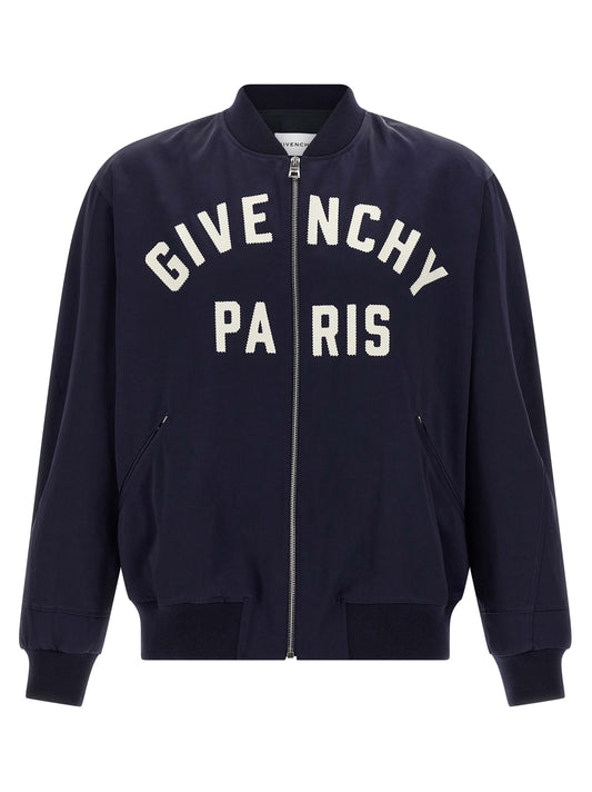 This Bomber Jacket by Givenchy for men in acetate & cotton satin blue exhibits a edgy silhouette, meticulously detailed with functional and a edgy for a edgy finish.