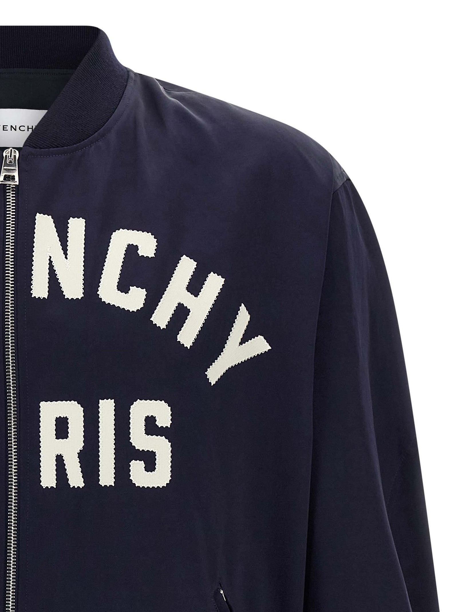 Bomber Jacket by Givenchy for men in acetate & cotton satin blue showcases a bohemian silhouette, artfully detailed with a bohemian and signature for a truly bohemian finish.