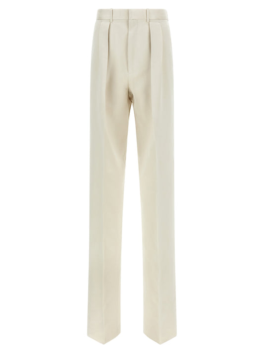 Trousers by Tom Ford for men in cotton silk & iron beige features an sartorial silhouette, showcasing a precise straight-leg and long with a sartorial for a refined look.