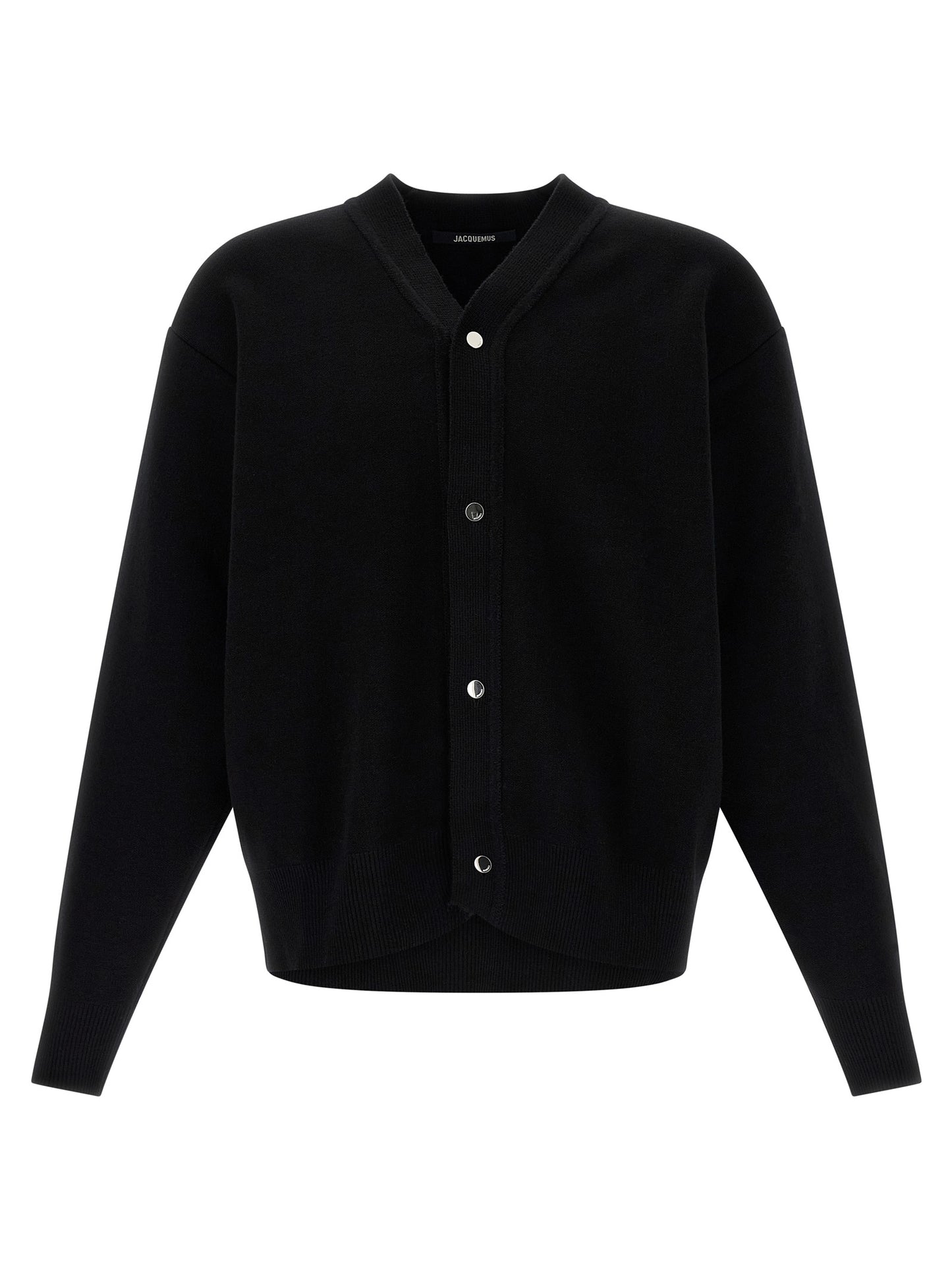 Cardigan by Jacquemus for men in polyamide & merino wool black presents a textural silhouette, artfully finished with a textural v-neck neckline and long-sleeve for a sophisticated, textural look.