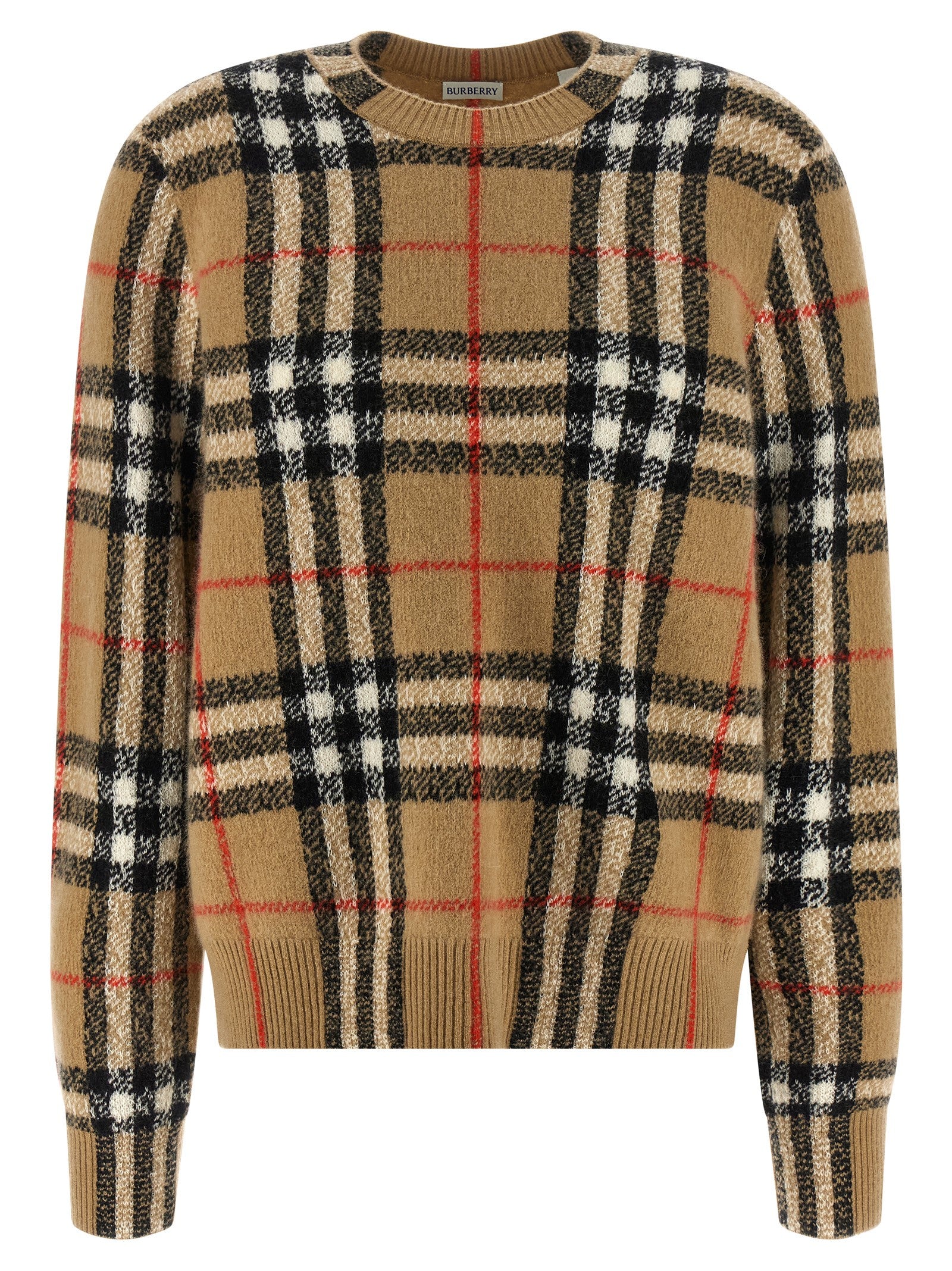 Cardigan by Burberry for women in cashmere beige & jacquard features a nuanced silhouette with a refined crew neckline and nuanced detailing for a sophisticated look.