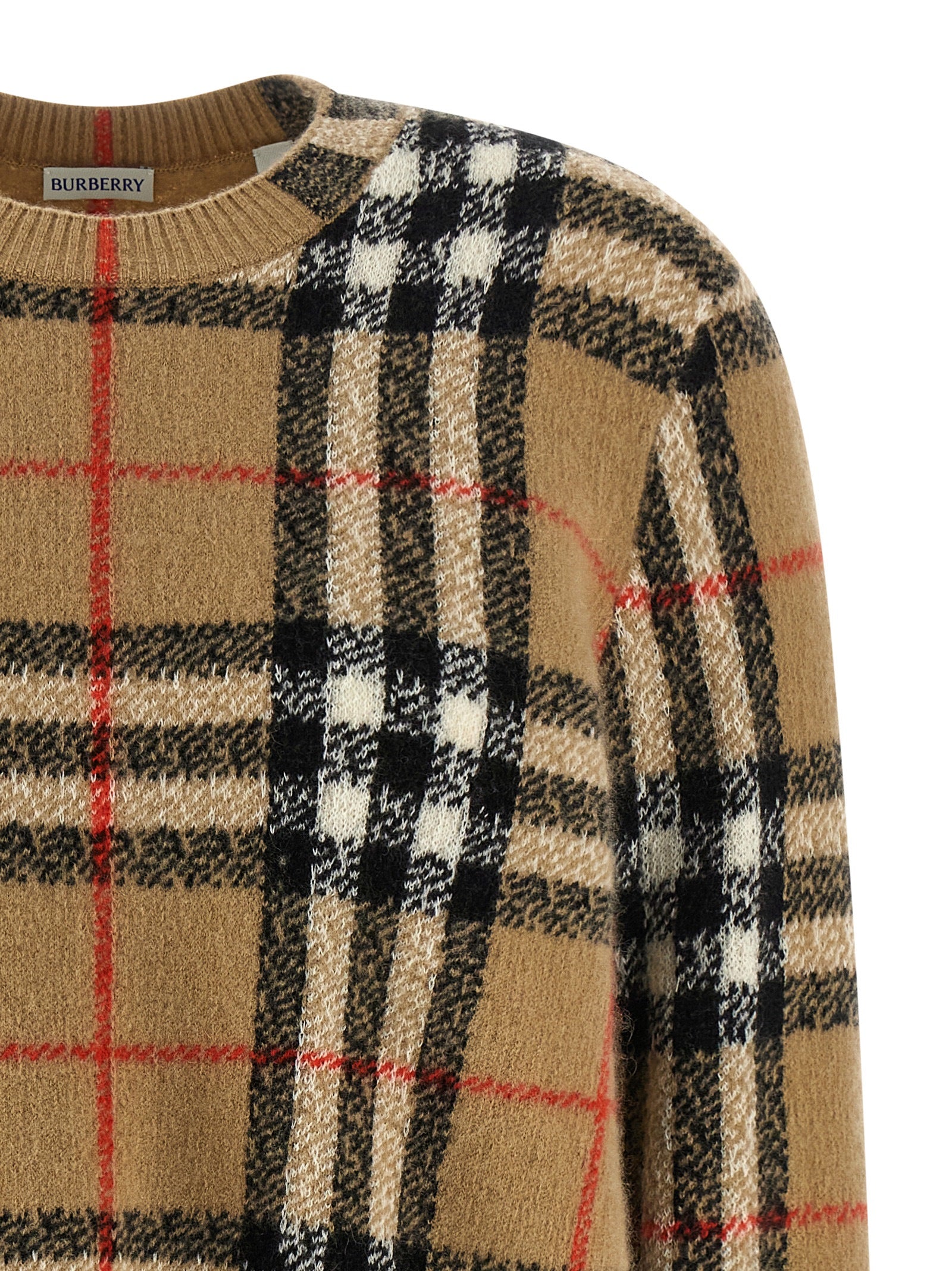 Cardigan by Burberry for women in cashmere beige & jacquard features a dramatic silhouette, showcasing a sophisticated crew neckline and dramatic detail for a timeless, premium look.