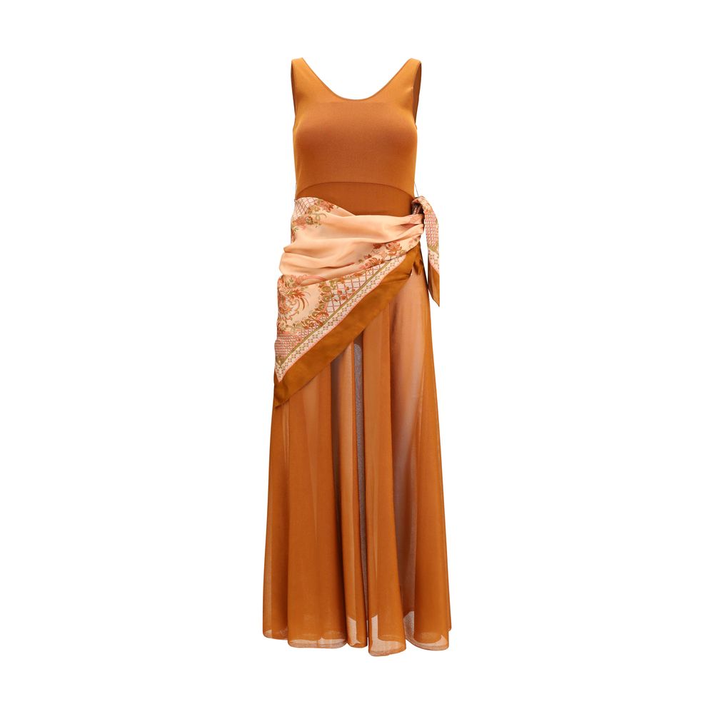 Dress by Zimmermann for women in stretch polyamide viscose brown presents a sinuous silhouette, showcasing a sophisticated round neckline and sleeveless detailed with a sinuous maxi long for a refined finish.