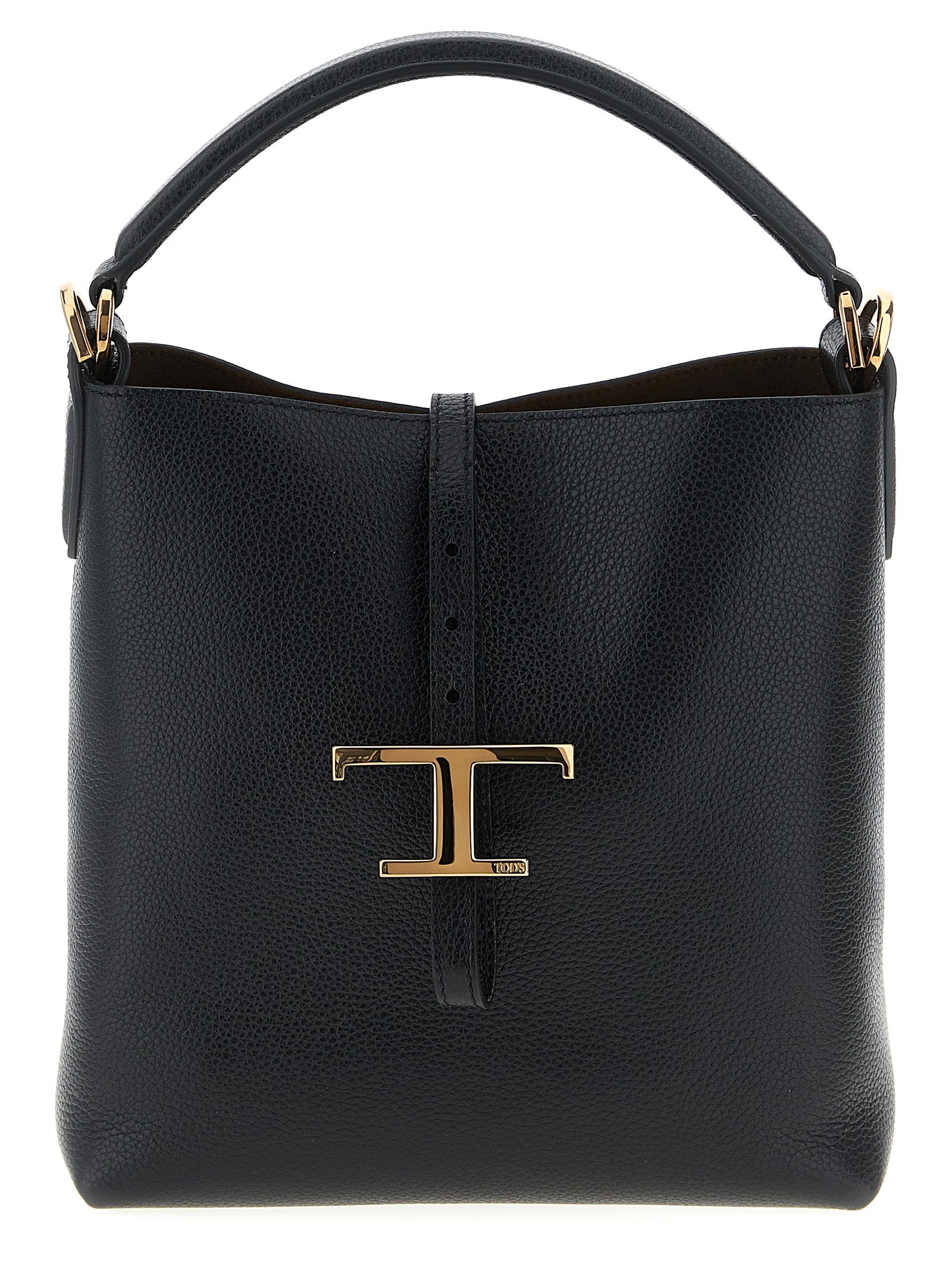 Mini Bucket Handbag by Tod's for women in calfskin leather black features a signature silhouette, showcasing a secure snap & button and signature with versatile shoulder-strap, handle & adjustable-strap for a sophisticated look.